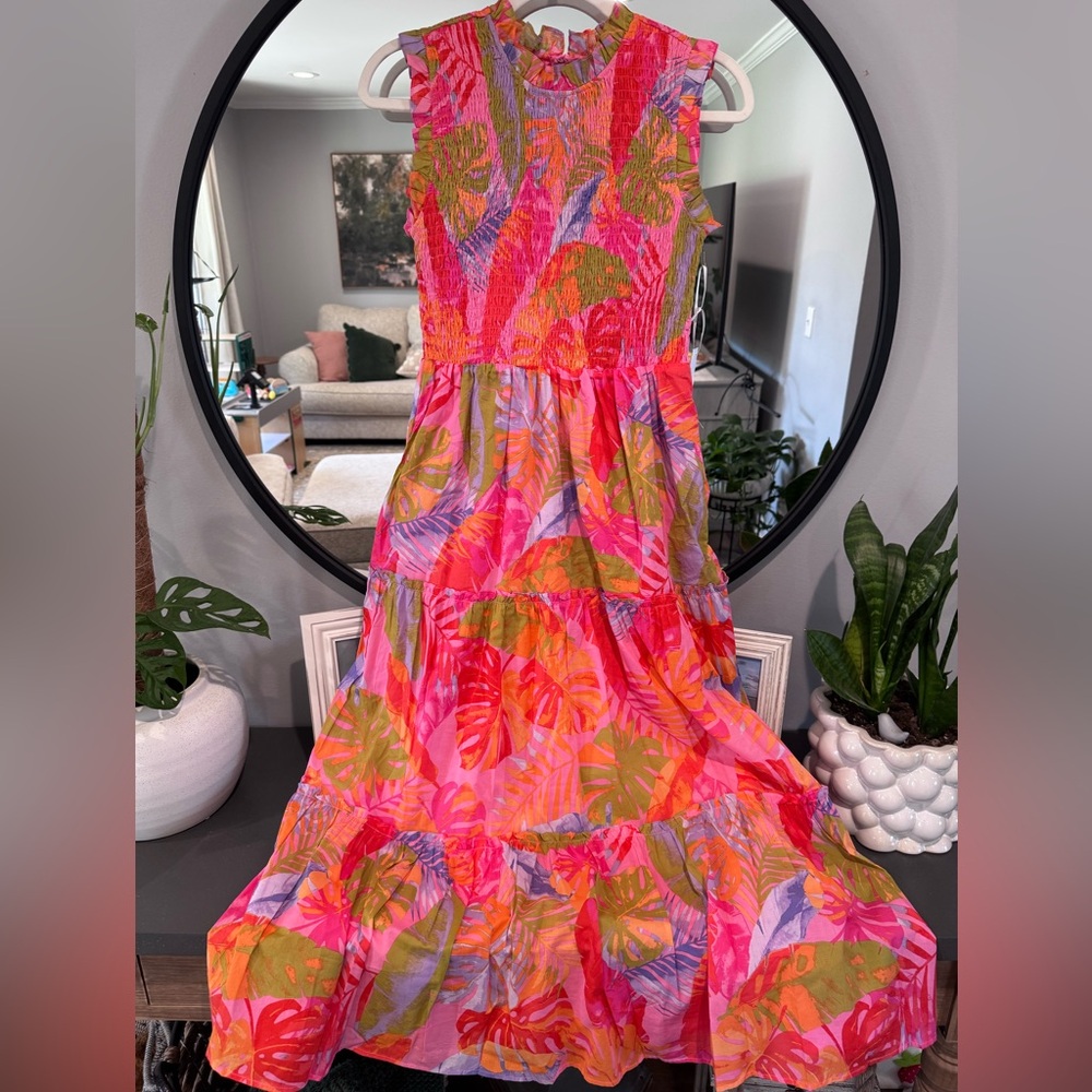 J.Marie Sleeveless Tropical Tiered Midi Dress in Coral Pink - Picture 2 of 7